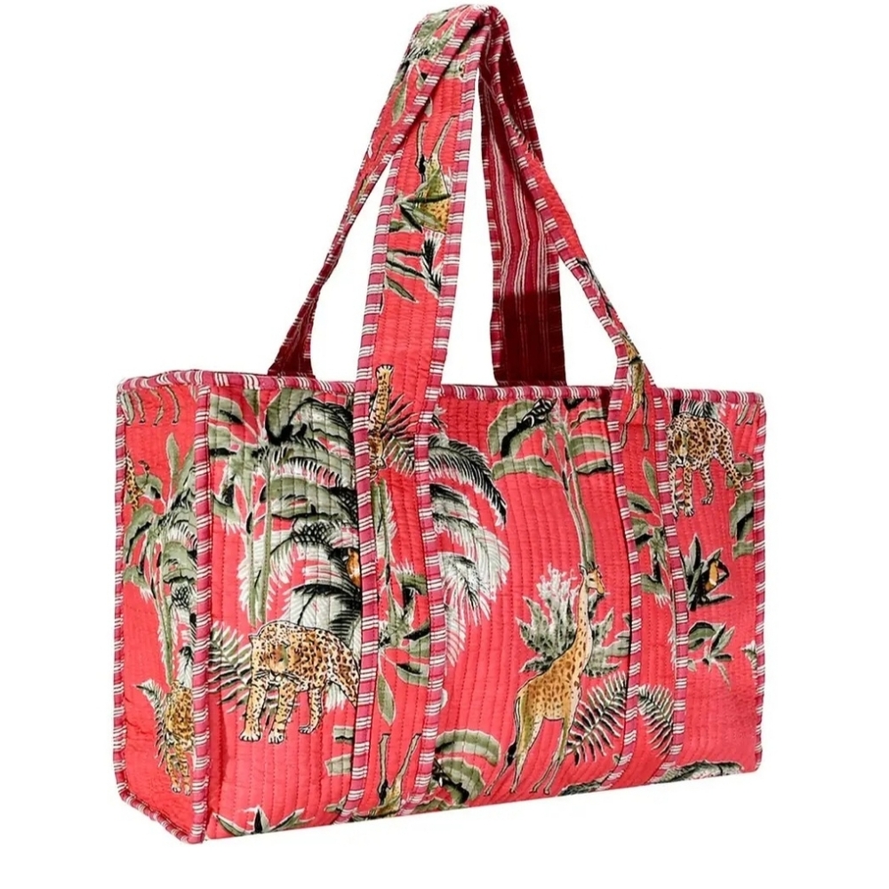 Floral Leopard Print Quilted Tote Bag in Coral Pink